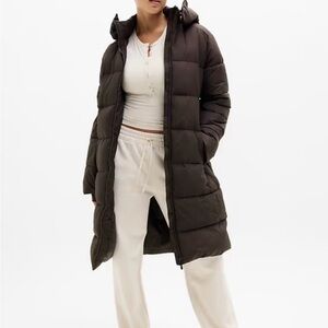 Long Quilted Hooded Puffer Coat - Brown